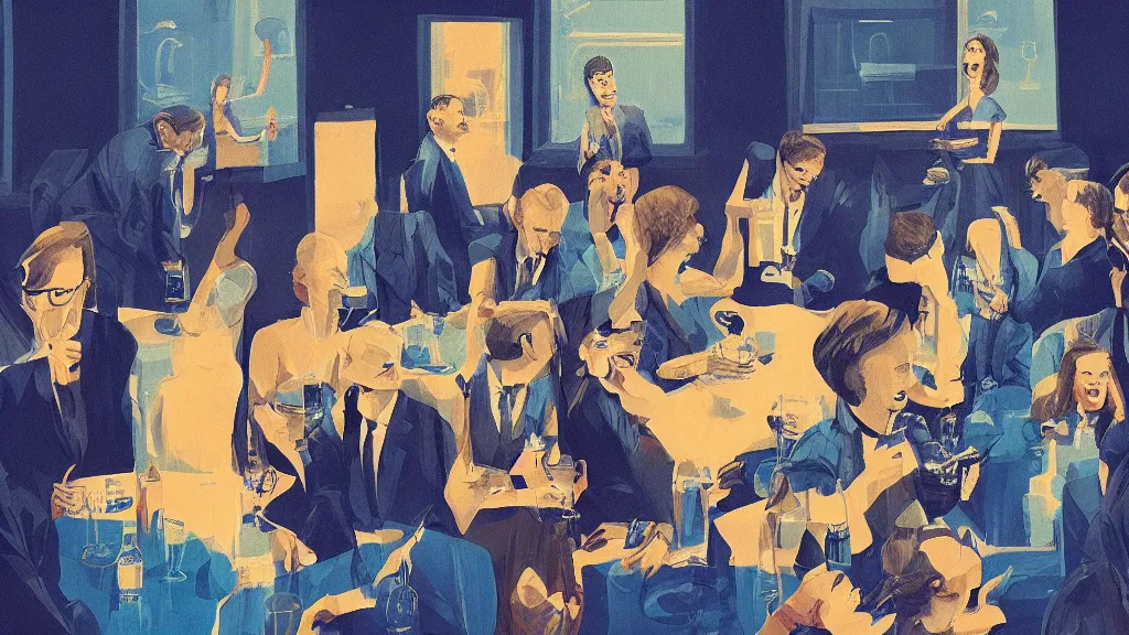Image similar to A blue neck party at a luxury hotel, in the style of David Lynch, by Wes Anderson, concept art, artstation