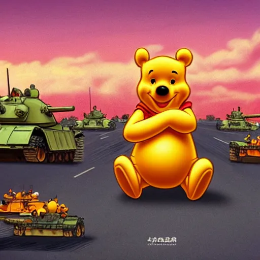 Image similar to winnie the pooh as tank man at tiananmen square sitting down in front of chinese tanks, award winning photography, extremely detailed, artstation, 8 k, sensual lighting, incredible art, wlop, artgerm