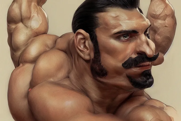 Prompt: gigachad luigi bodybuilder crouching by ilya kuvshinov, ernest khalimov body, super mario bros symmetrical face concept art, hyper realistic, intricate, elegent, highly detailed, digital painting, concept art, smooth, sharp, focus, illustration, art by artgerm and greg rutkowski and alphonse mucha, artstation