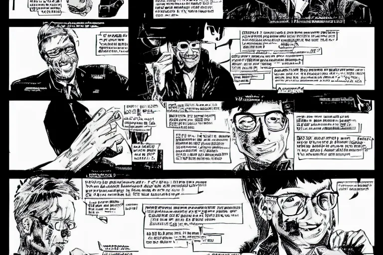 Prompt: bill gates doing a presentation, a page from cyberpunk 2 0 2 0, style of paolo parente, style of mike jackson, adam smasher, johnny silverhand, 1 9 9 0 s comic book style, white background, ink drawing, black and white