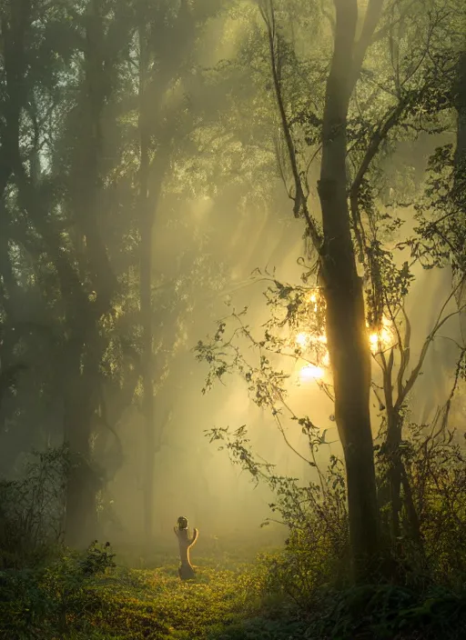 Prompt: misty swamp, hazy fog, sundown golden hour, early morning dance, smile, fireflies and sparkling wisps, sun rays through trees, Lilia Alvarado, Sophie Anderson, Mark Arian, Bob Byerley, Charlie Bowater, Mark Brooks, Steve Henderson, Justin Gerard, Arthur Hughes, Edward Robert Hughes, Mark Keathley, Victor Nizovtsev, Carlos Shwabe, Ross Tran, WLOP