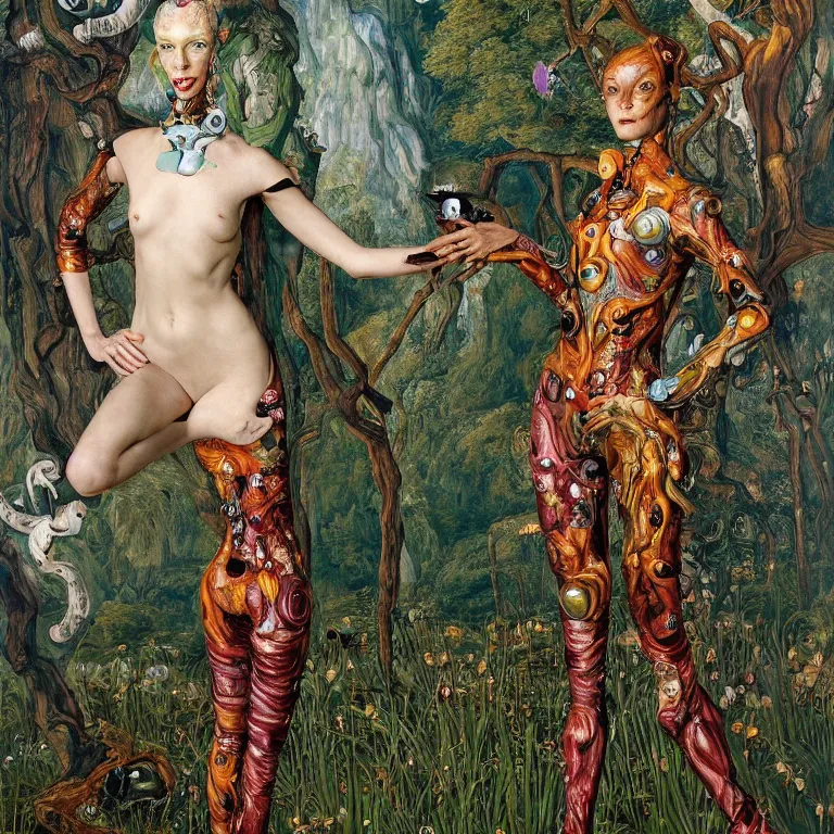 Image similar to a grinning dryad lady wearing a catsuit, who looks like a cybernetic alien stands pround in the middle of a river valley. around her are tropical birds and orchids and she is wearing an iris van herpen dress. painted by jan van eyck, egon schiele and max ernst, trending on artstation, 8 k, award winning, high octane