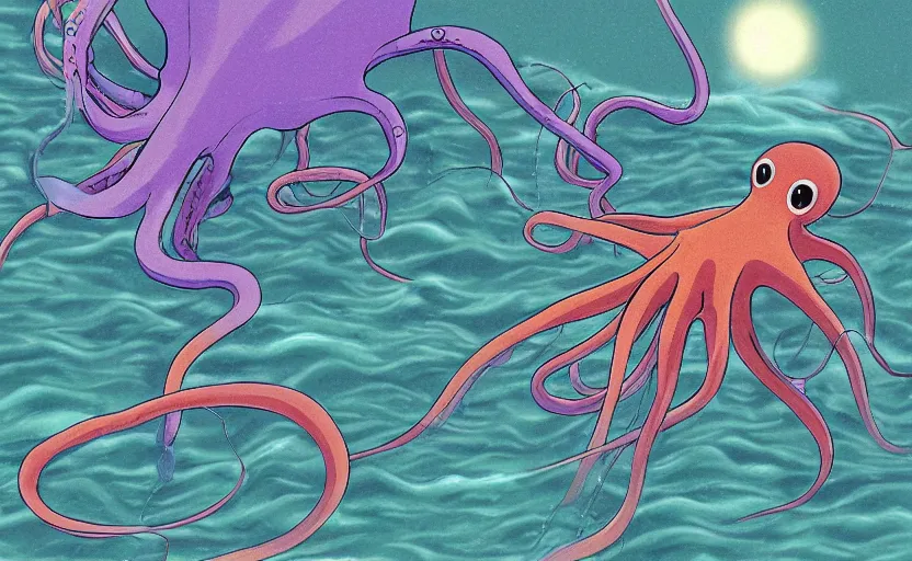 Prompt: a realistic cell - shaded studio ghibli concept art from paprika ( 2 0 0 6 ) of a flying multi - colored octopus from close encounters of the third kind ( 1 9 7 7 ) and dimensional portal to another world above a flooded medieval town on a misty starry night. very dull colors, wide shot, hd, 4 k, hq