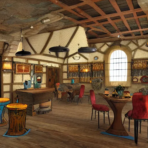 Image similar to Interior design Tavern in Mixed style Medieval and Cybepunk, Many details