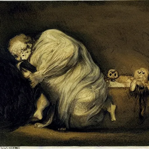 Prompt: once upon a midnight dreary, while i pondered, weak and weary, over many a quaint and curious volume of forgotten lore, while i nodded, nearly napping, suddenly there came a tapping, painting by goya, 8 k,