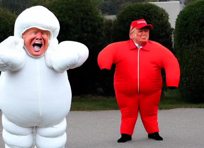 Image similar to donald trump dressed as the michelin man, flash photograph,