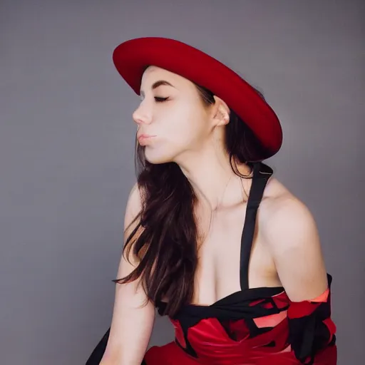 Image similar to fine art portrait photography half - length portrait of stunning girl in a red hat and black dress, kodak portra 4 0 0, 8 k, soft light, volumetric lighting, highly detailed,,