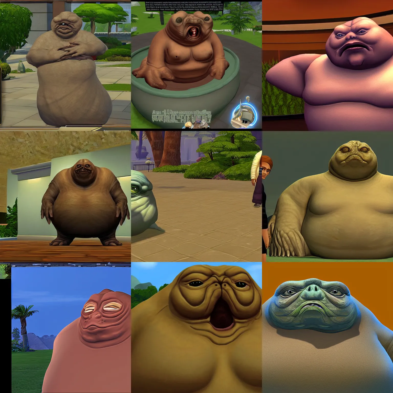 Prompt: a screenshot of jabba the hutt in the video game the sims. 3 d rendering. unreal engine. amazing likeness. very detailed. cartoon caricature.