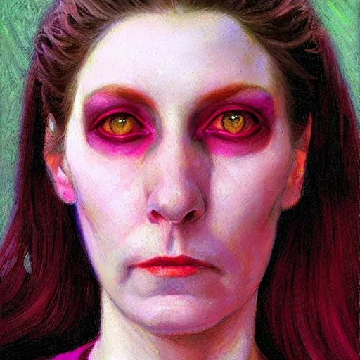 Prompt: portrait of a pale woman, with glowing eyes of magenta color, by donato giancola.