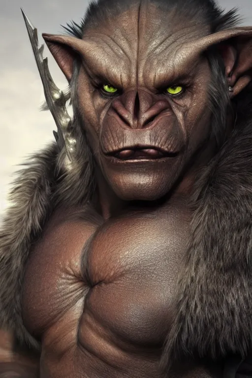 Prompt: A full body shot of a handsome orc looking into the camera wearing a leather fur jacket and boots, full body shot, detailed face, portrait, artstation, realistic, highly detailed, symmetrical, D&D, Dungeons & Dragons, hyper realistic, dynamic pose, high detail, octane render, unreal engine, 8k, fantasy art, highly detailed, concept art