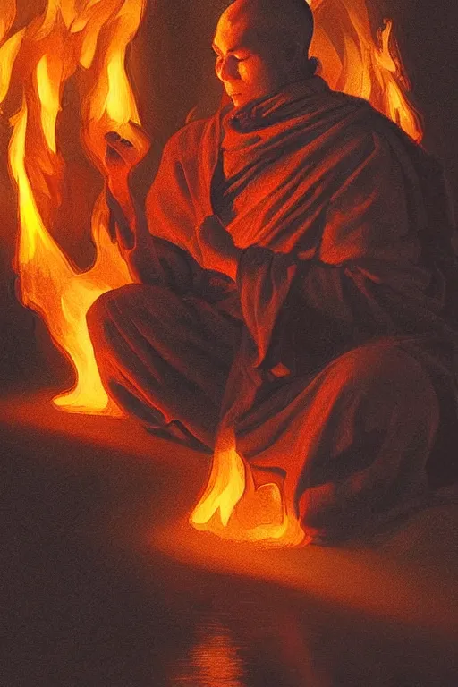 Image similar to A monk meditating in fire by Afshar Petros, Trending on artstation.