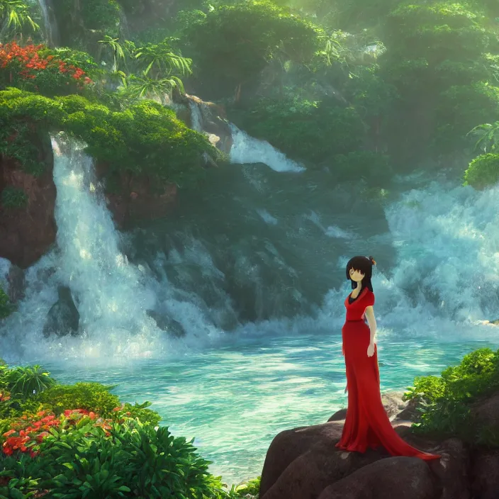 Prompt: an epic makoto shinkai and renoir landscape with a hawaiian waterfall, 🌺, a beautiful woman, ultra smooth, octane render