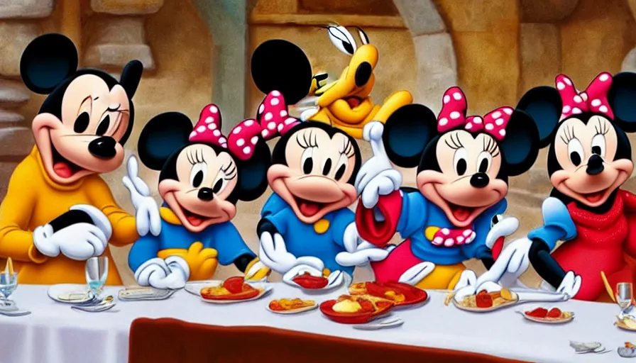 Image similar to disney characters at the last supper, mickey and minnie mouse, donald duck, goofy, pluto