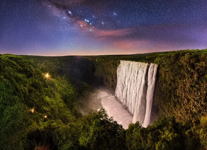 Image similar to a long capture photo of a magical waterfall, high cliff, night, stars in the sky