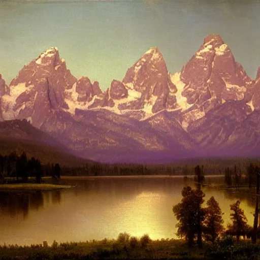 Prompt: a painting by albert bierstadt of the grand tetons,