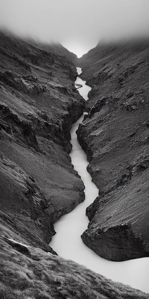 Image similar to dream looking through a hyper realistic photograph of a ice covered canyon, minimal structure, futureistm landscape, misty, icelandic valley, small stream over black rock, timed exposure, in the style of reuben wu, roger deakins