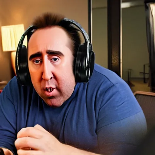 Prompt: obese nicolas cage wearing a headset yelling at his monitor while playing WoW highly detailed wide angle lens 10:9 aspect ration award winning photography