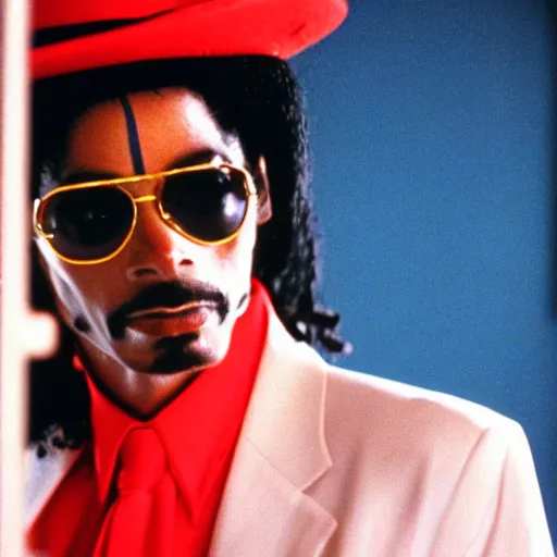 Prompt: a 1980s film still of Snoop Dogg dressed as Michael Jackson, 40mm lens, shallow depth of field, split lighting