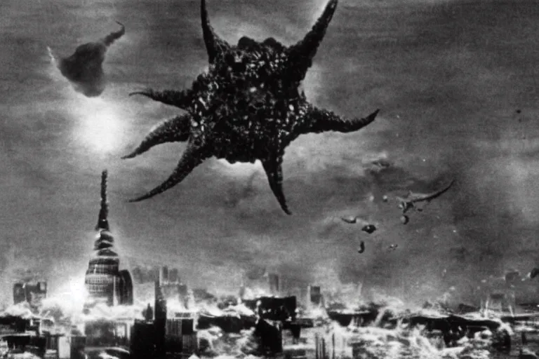 Prompt: a filmstill of Kim Jong-il and a Starro Kaiju monster destroying Pyongyang, in Godzilla (1954) by Ishirō Honda, traditional Korean city, palace, epic ultrawide shot, cinémascope