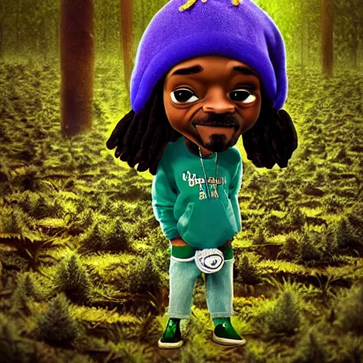 Image similar to very very very very cute chibi baby Snoop Dogg in the marijuana field, portrait, pixar style, forest background, cinematic lighting, award winning creature portrait photography