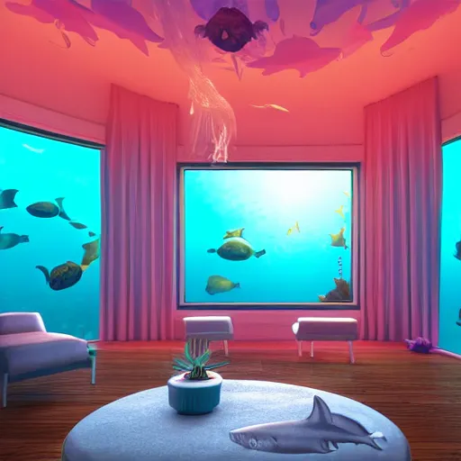 Prompt: the realistic photo of the modern room as aquarium with a chandelier as a big jellyfish, beautiful corals on the walls and sharks in the big panoramic window, under the ocean, realistic colors, realistic shadows, daylight made in blender, hd, 3 d by beeple and damian hirst