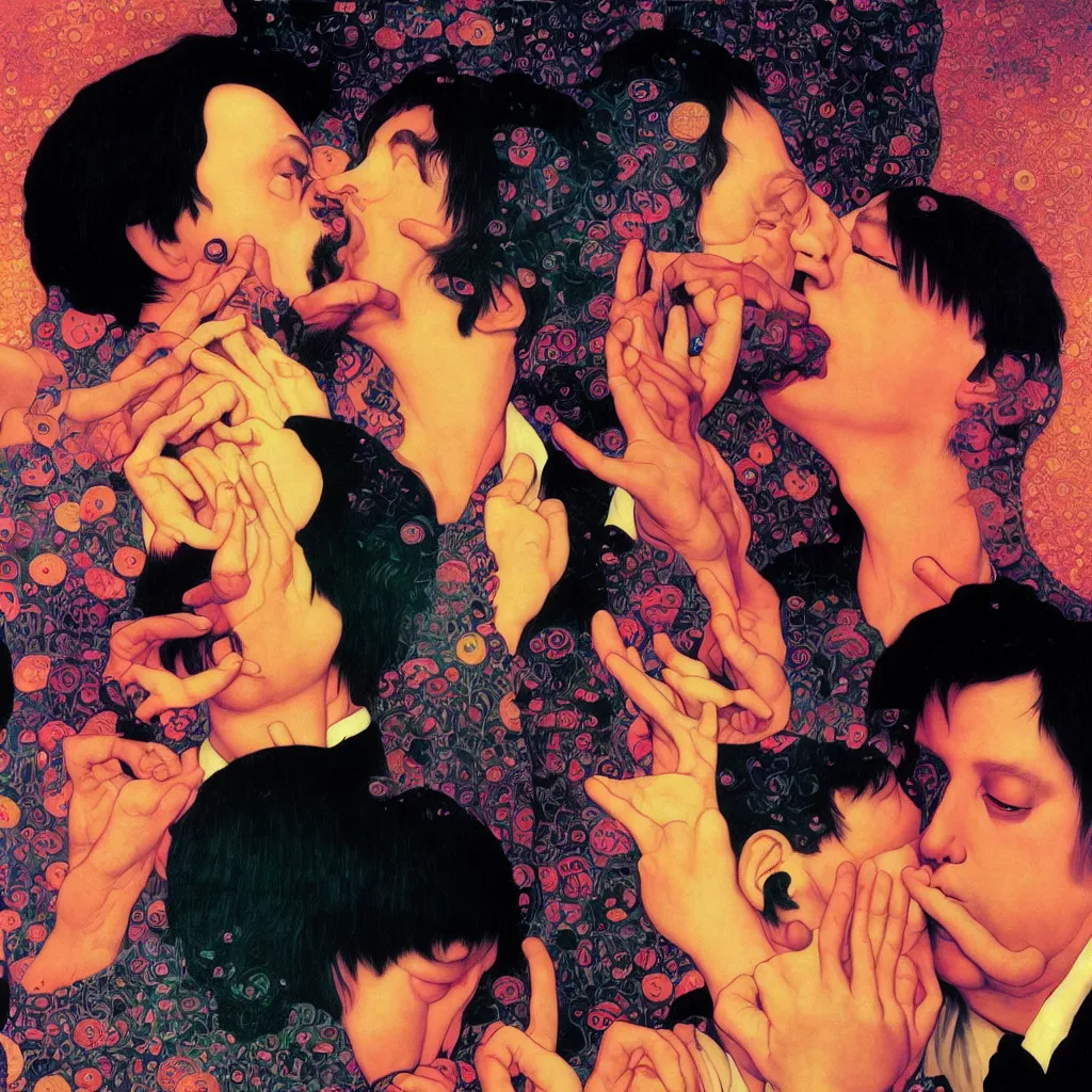 Prompt: weird and disturbing portrait of bill hicks kissing todd solondz, vivid colors, neon, art by ( ( ( kuvshinov ilya ) ) ) and wayne barlowe and gustav klimt and artgerm and wlop and william - adolphe bouguereau