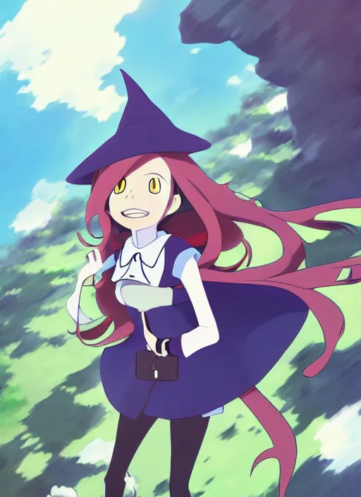 Image similar to Sucy from little witch academia, anime style, countryside, calm, fantasy character portrait, dark outlines, dynamic pose, above view, sunny day, artwork by Makoto Shinkai, very coherent asymmetrical artwork, sharp edges, perfect face, simple form, 100mm