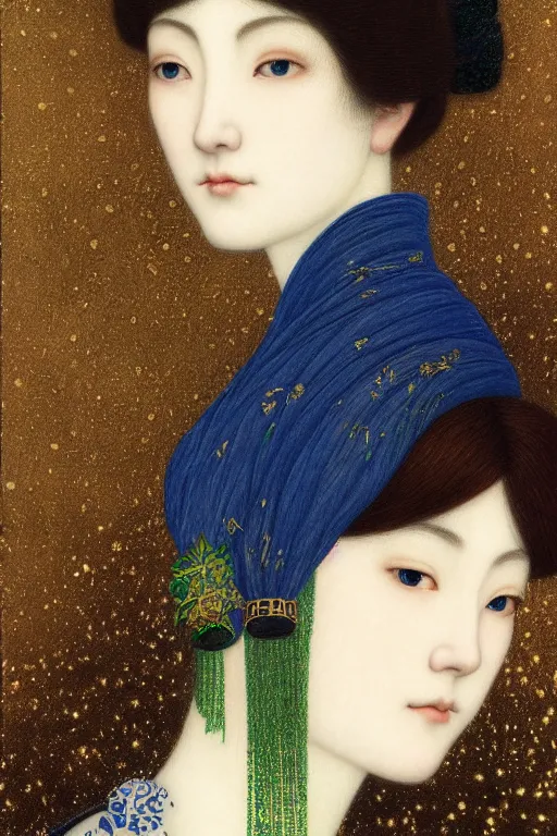 Prompt: Portrait of a Beautiful Japanese female, sad green eyes, pale skin, elegant, jewellery, digital painting, Pre-Raphaelites, highly detailed, concept art, smooth, sharp focus, gold and indigo, illustration, art by Klimt .