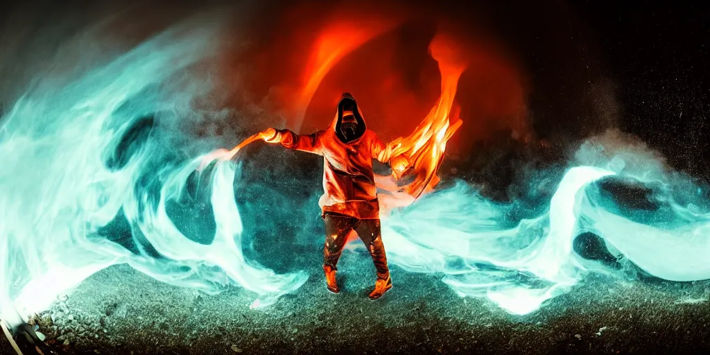 Prompt: fisheye slow motion with trail fire effect of futuristic break dancer wearing long dark cloak and skeleton head emitting fire, long exposure shot , enigmatic, at night in the middle of the arctic with red light A letter, paddle of water, steam, fog, water splashes, rim lights, glossy reflections, water droplets on lens, octane render, Volumetric dynamic lighting, stunning cover magazine, high details, hajime sorayama