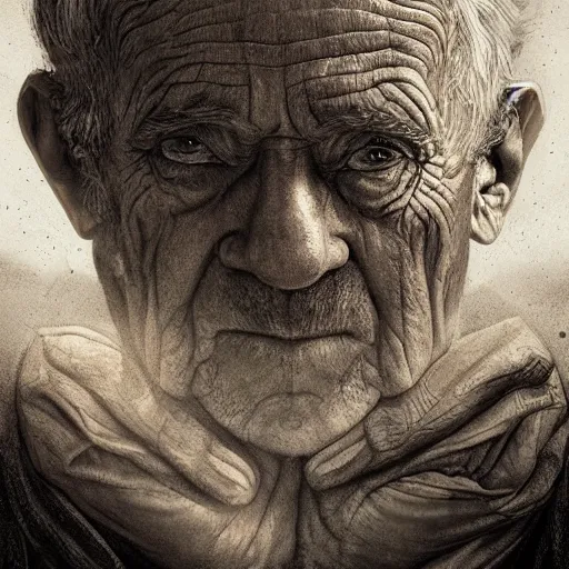 Prompt: portrait!! of an [ elderly man holding the earth in his hands ]! trending on artstation 4 k digital art cgsociety contest winner award winning intricate detailed gloomy lighting futuristic! portrait!!