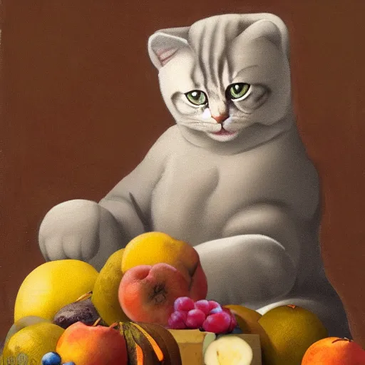 Prompt: a cat dressed as a teddy bear sitting on a pile of fruit, a still life by michelangelo, reddit, furry art, furaffinity, phallic, renaissance painting
