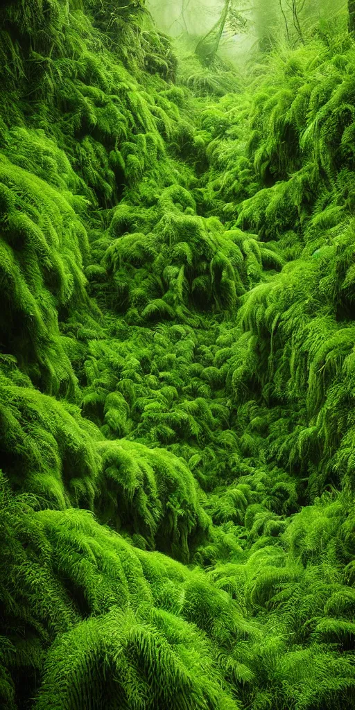 Image similar to a hyper realistic photograph fertile, lush mossy canyon, ferns, minimalist structure, misty, raining, in the style of reuben wu, roger deakins