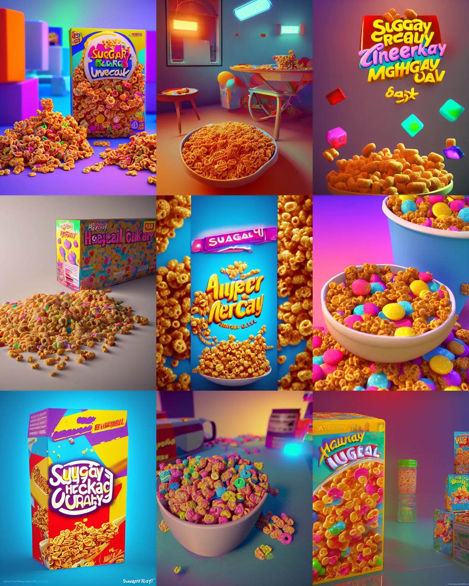Prompt: sugary cereal box art, hyper realism, cinematic, volumetric lighting, octane render, unreal engine, 8 k, digital art, deviantart artstation, ray tracing, intricate complexity, extremely detailed,