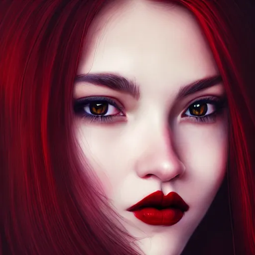 Image similar to a realistic illustration portrait of a beautiful cute girl with wavy black and red hair, a pointy nose and, round chin black eyeliner, trending on artstation, hyper - realistic lighting, intricate, ross tran, realistic hair