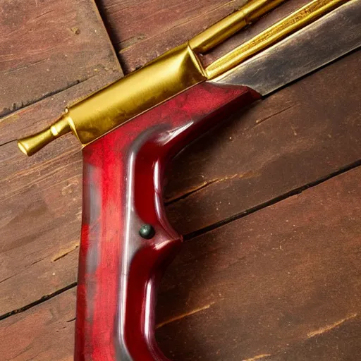 Image similar to a shotgun made from glossy red - painted wood and elements of gold metalwork