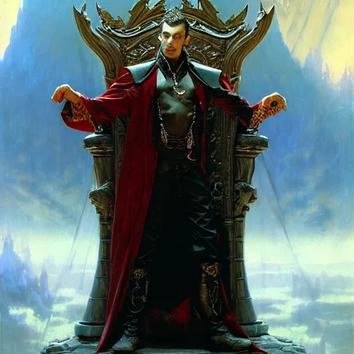 Image similar to perfectly centered portrait of attractive vampire king in a robe sitting on a throne of bones, highly detailed painting by gaston bussiere, craig mullins, j. c. leyendecker, 8 k