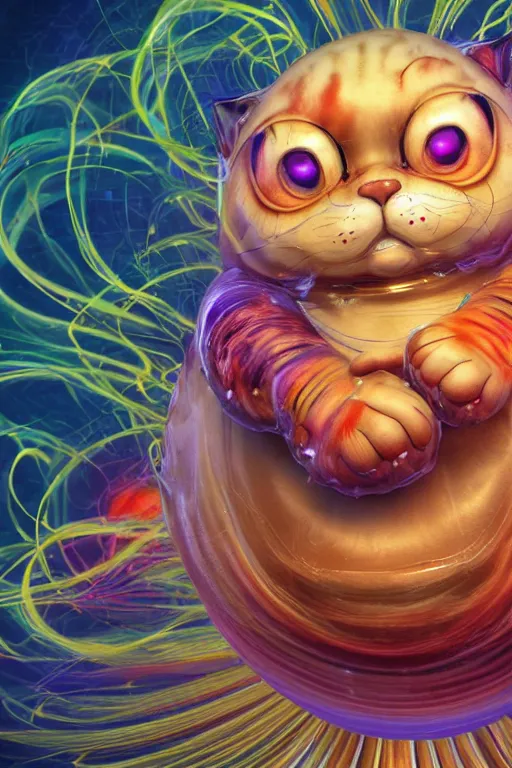 Prompt: Recursive image with a well rounded Calico feline, large eyes, shiny soft fur, anatomically correct, surrounded by mirroring swirling wisps of jelly, oil pastels and gold, in the style of Katsuhiro Otomo, modeled in Poser, Redshift render, UHD