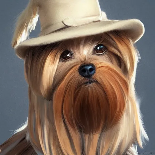 Prompt: cute portrait of a yorkshire terrier wearing a fedora hat, fantasy art by Cushart, Krenz