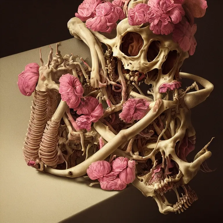 Image similar to still life of rotten flesh, beautiful pastel flowers, human spine, colorful mold, baroque painting, beautiful detailed intricate insanely detailed octane render, 8K artistic photography, photorealistic, chiaroscuro, Raphael, Caravaggio