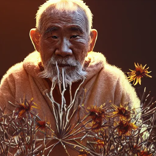 Image similar to full body shot of floating old asian man with long beard, his head covered in flowers, full face occult silver mask, glowing eyes, wearing a large carved wooden fractal stick, smoke around him, in the burning soil desert, cinematic shot, wide angle, desert background, volumetric lighting by Denis Villeneuve, Lubezki, Gaspar Noe Christopher Doyle and Alejandro Jodorowsky, anamorphic lens, anamorphic lens flares, kodakchrome, cinematic composition, practical effects, award winning photo, 8k