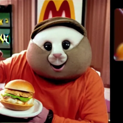 Prompt: 1980s McDonalds TV ad still for a baby seal disguised as a loaded baked potato with Danny DeVito