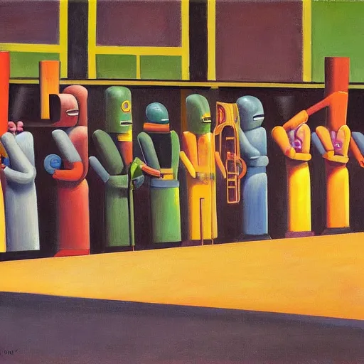 Image similar to robots queue up for water slide, grant wood, pj crook, edward hopper, oil on canvas