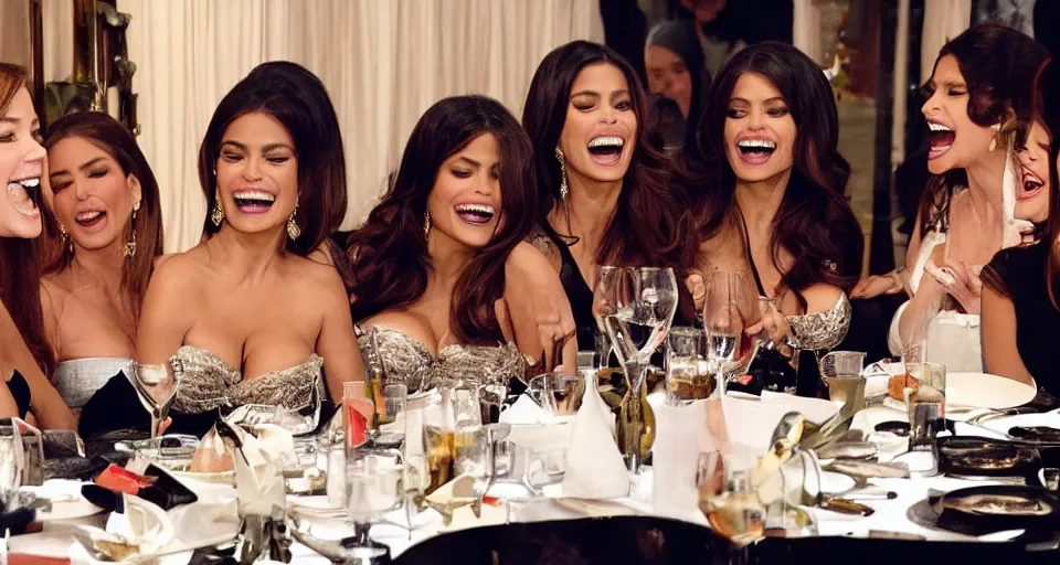 Prompt: candid group photo of sofia vergara, and salma hayek, and penelope cruz, and catherine zeta jones, and eva mendes, sitting around a long table at a dinner, laughing