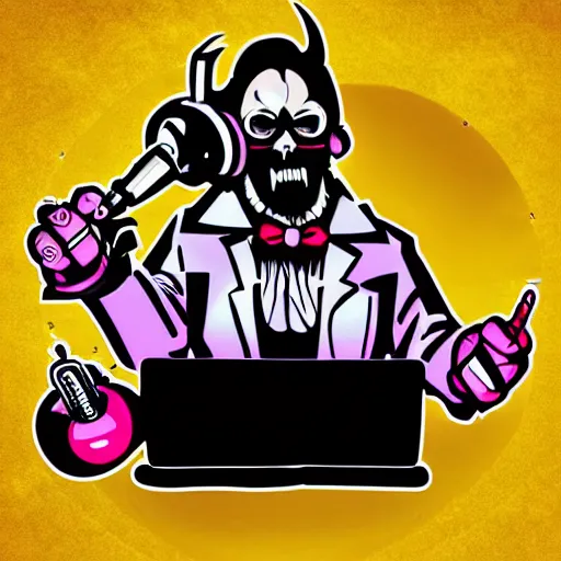 Image similar to svg vector sticker of absolutely insane-mad-scientist-villain, rocking out, wearing headphones, huge speakers, dancing, rave, DJ, spinning records, digital art, amazing composition, rule-of-thirds, award-winning, trending on artstation, featured on deviantart