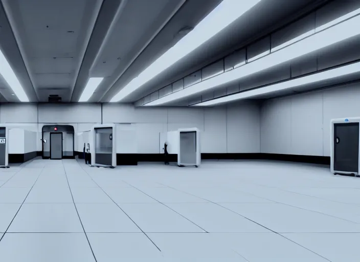 Image similar to cctv footage of a large white empty breakroom with a security checkpoint, retrofuturist liminal space, familiar place, clean, black mold, amateur, unreal engine, photorealistic, trending on artstation