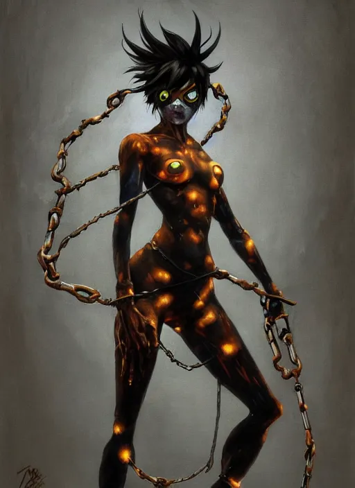 Prompt: full body horror painting of tracer from overwatch, in style of zdzisław beksinski, horror, 4 k, feminine facial features, silhoutte, black, dark, black armor, detailed face, tall, ropes and chains,