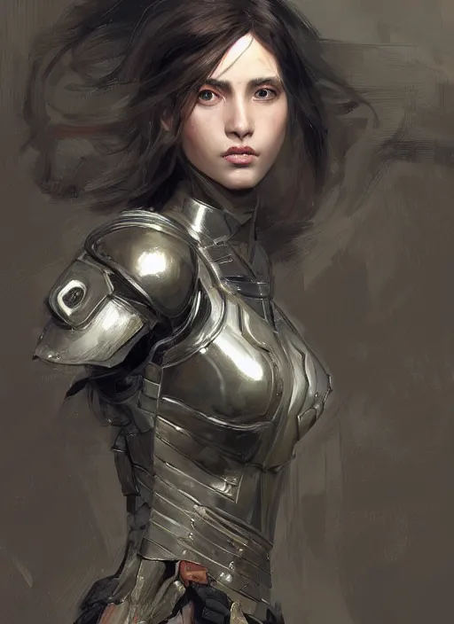 Image similar to a professional painting of a beautiful young female, clothed in military armor, olive skin, long dark hair, beautiful bone structure, symmetrical facial features, intricate, elegant, digital painting, concept art, smooth, sharp focus, illustration, from Metal Gear, by Ruan Jia and Mandy Jurgens and Artgerm and William-Adolphe Bouguerea