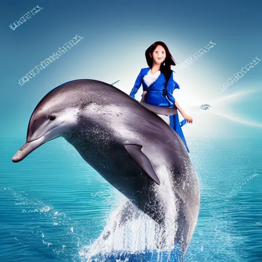 Image similar to a beautiful Chinese princess riding a dolphin, advertising photography, realistic photo, studio light