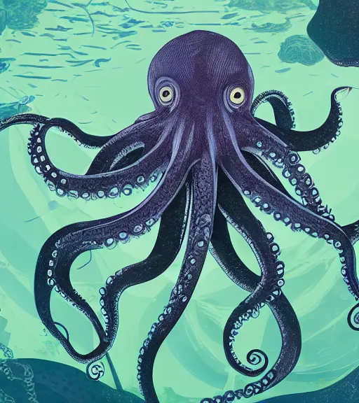 Prompt: a cybernetic octopus in an underwater garden, techwear, marine biologist fieldwork, detailed illustration, character portrait