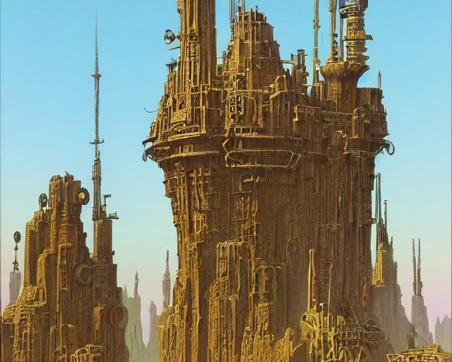 Image similar to steampunk tower by ralph mcquarrie and frank lloyd frank lloyd and bruce pennington and ted nasmith